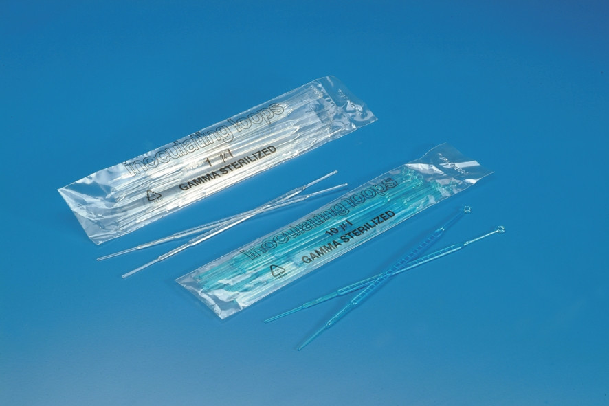 INOCULATING LOOPS AND NEEDLES. Sterile inoculating loops in polybags of 20 pcs. Neutral type has a 1 μl loop at one end and a needle at the other. Blue type has a 10 μl loop at one end and a needle at the other. MATERIAL: HIGH IMPACT PS